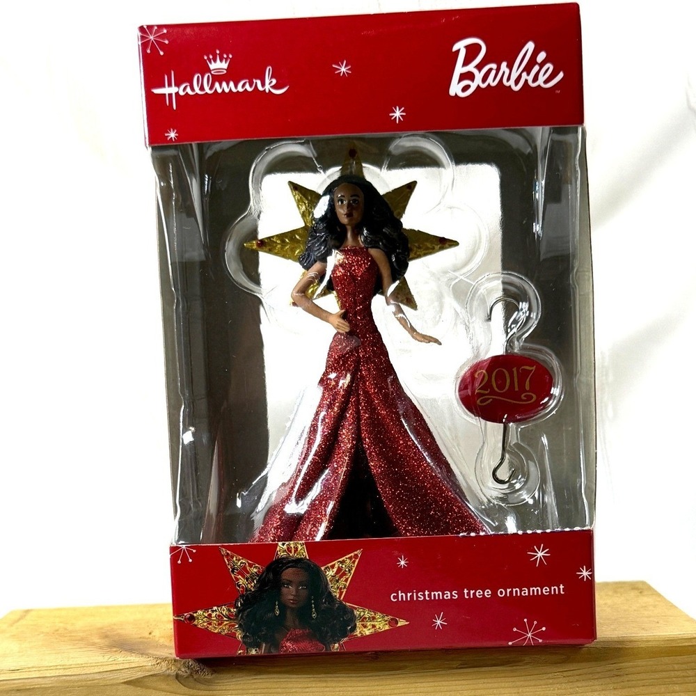 Hallmark 2017 Barbie Christmas Tree Ornament Black Doll Red Glitter Dress NIB